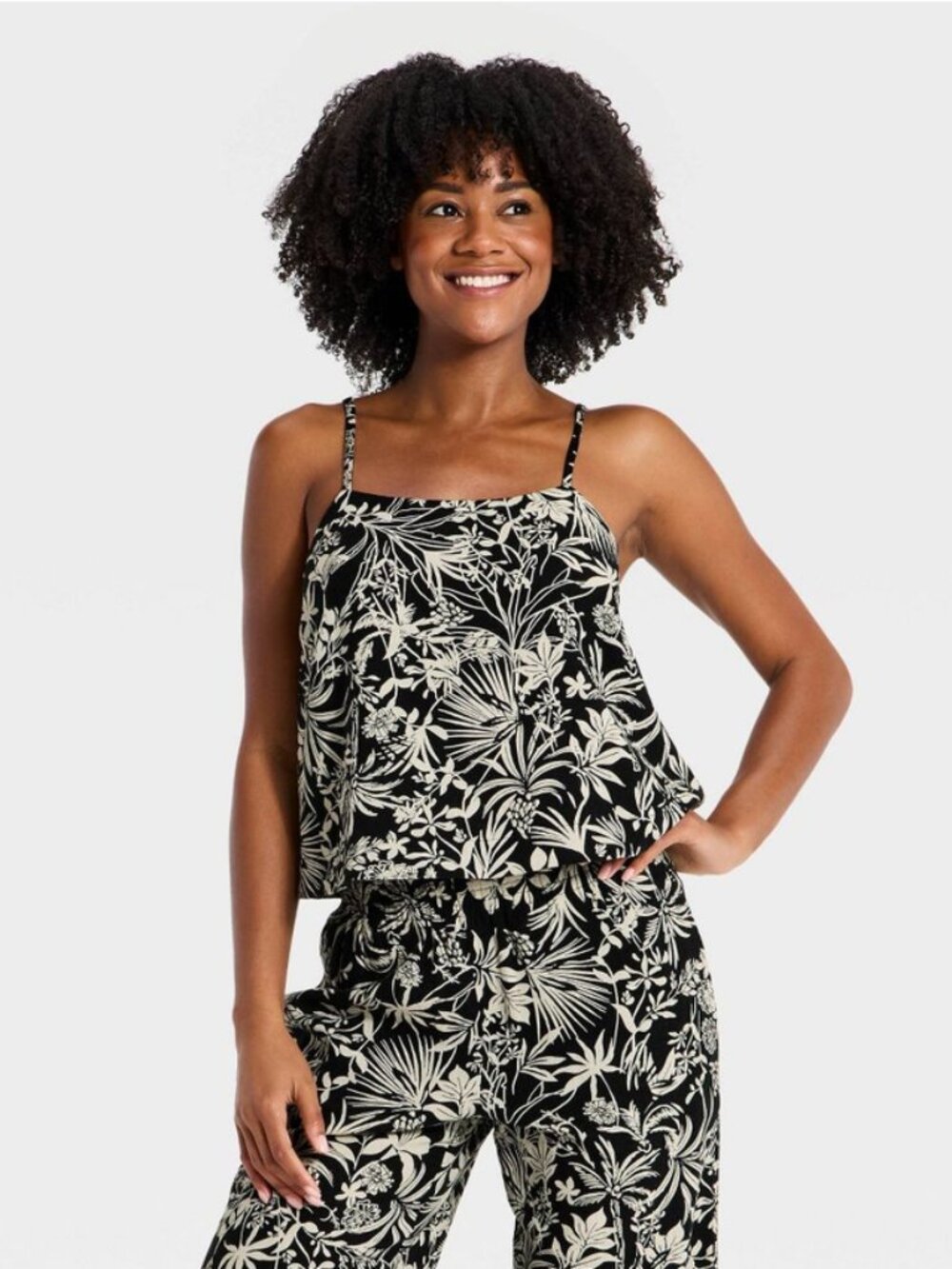 Women's Linen Cami - A New Day Black Floral M